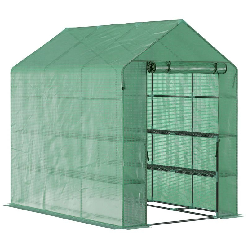 Outsunny 84.25" x 56.25" x 76.75" Walk-in Greenhouse, 2-Tier Shelves, Steel Frame Hot house, Roll-Up Zipper Door for Flowers, Vegetables, Green
