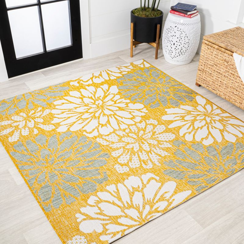 5' x 5' Zinnia Modern Floral Textured Weave Indoor/Outdoor Area Rug, Yellow/Cream - JONATHAN Y