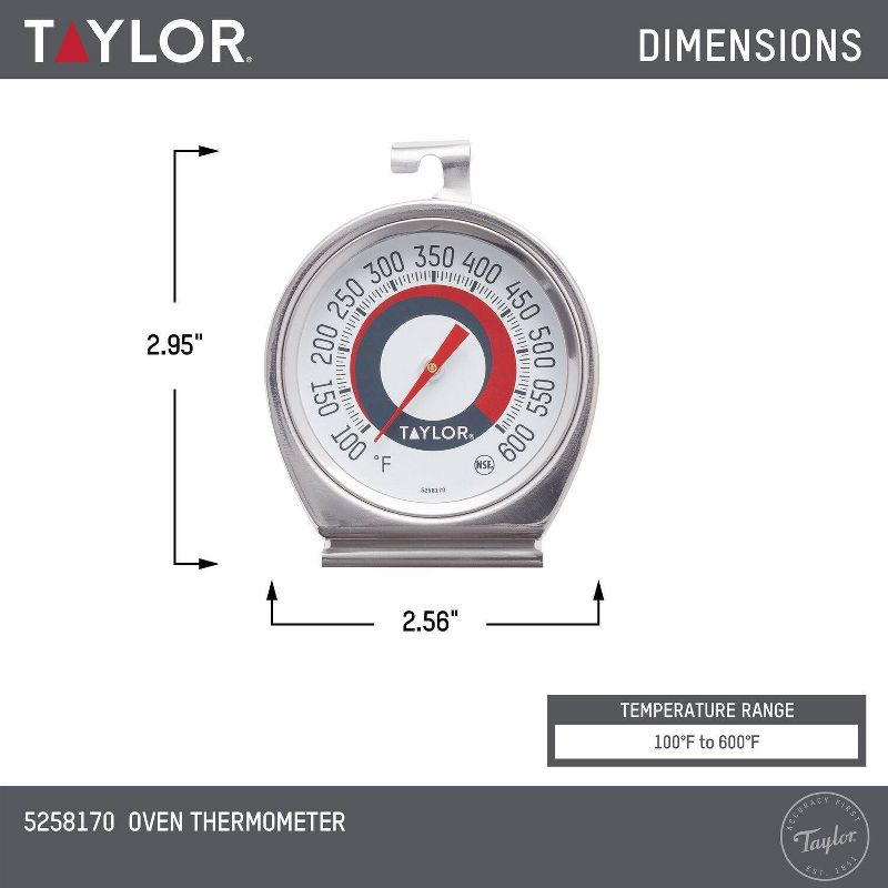 Taylor Ambient Oven Grill Temperature Thermometer: Stainless Steel, Analog, Large Dial, 100-600°F, Spot Clean