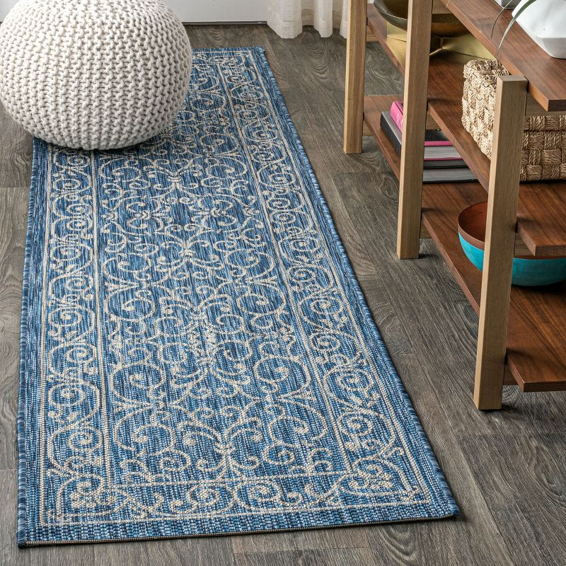 2'x8' Charleston Vintage Filigree Textured Weave Indoor/Outdoor Runner Rug, Navy/Gray - JONATHAN Y