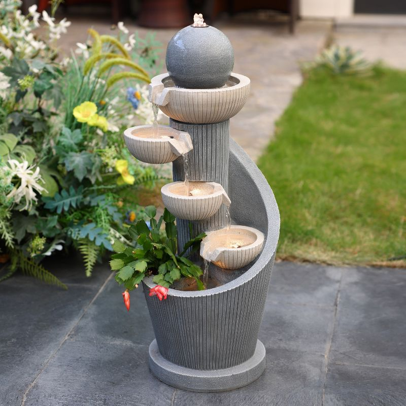 LuxenHome Gray Resin Spiral Sculpture with Bubbler 5-Tier Outdoor Fountain with Lights