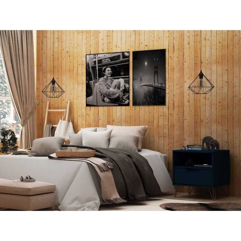 Manhattan Comfort 1.0 Rockefeller Nightstand Blue: Modern Bedside Table with Storage, Shelving & Metal Glides