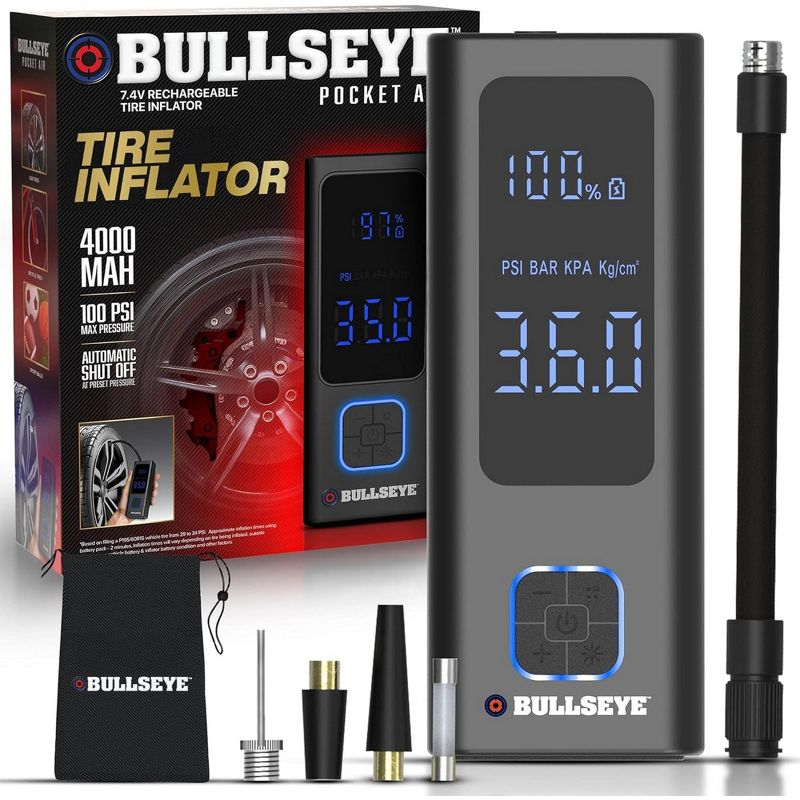 Bullseye Pocket Air Tire Inflator 4000mAH Rechargeable Electric Air Compressor Portable Pump