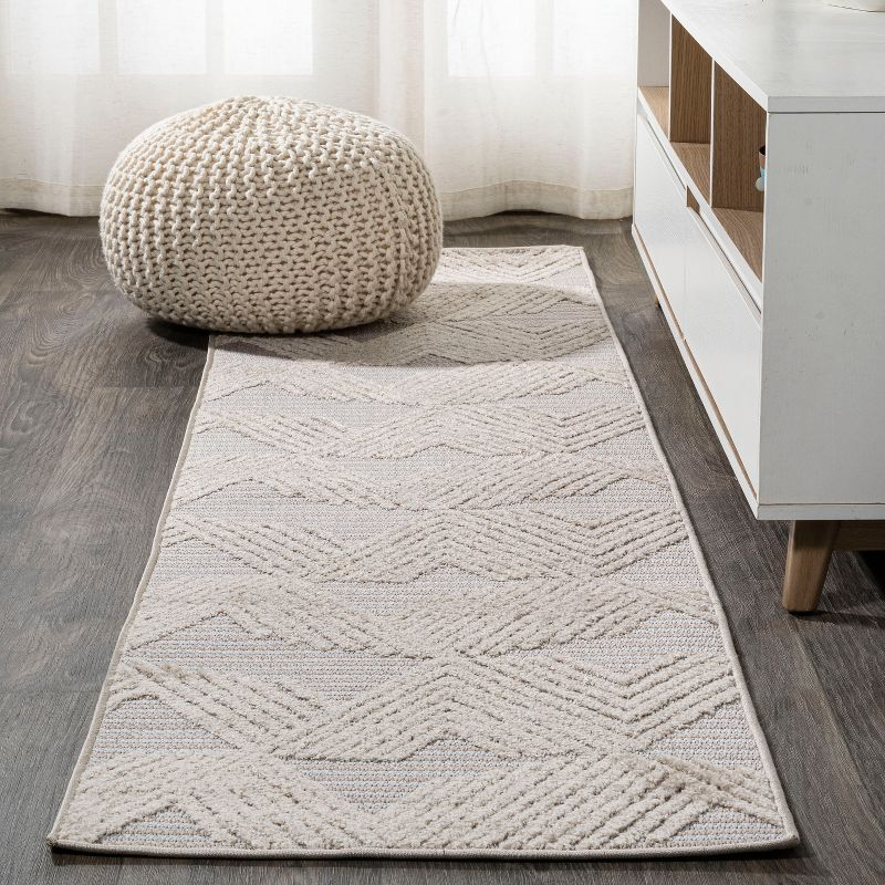 2'x10' Jazz High-Low Pile Art Deco Geometric Indoor/Outdoor Runner Rug, Beige - JONATHAN Y
