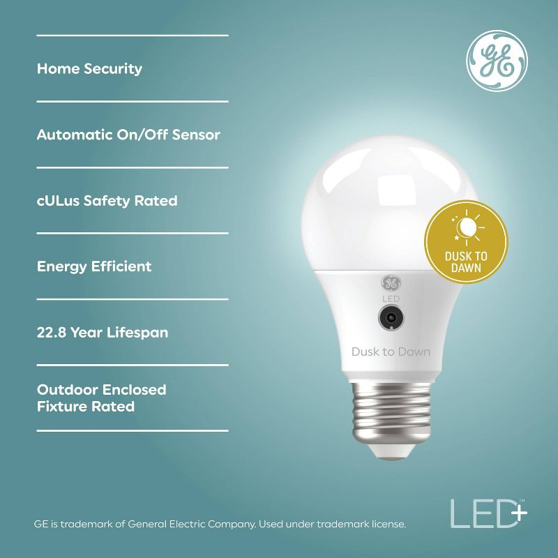 GE LED+ Dusk to Dawn A19 LED Light Bulb Daylight: 800 Lumens, 60W Equivalent, Energy Star Certified, E26 Base, 5000K