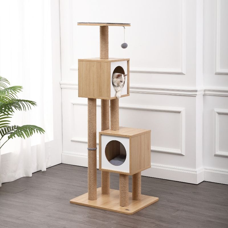 Sawyer 56" 3-Tier Minimalist Jute Cat Tree Condo with Scratching posts, and Fuzzy Toy, Brown/White
