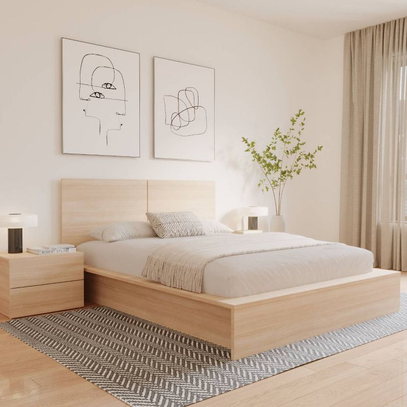 Nexera Queen 4pc James Bedroom Set Natural Blonde: Modern Minimalist Design with Platform Bed & Nightstands