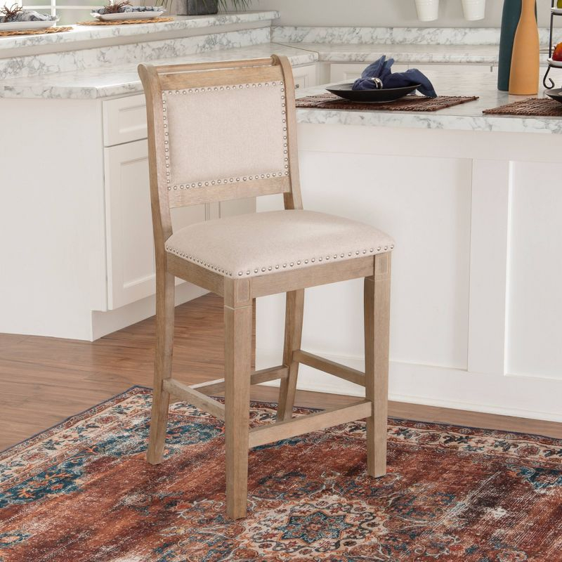 Emmy Padded Back Nailhead Counter Height Barstool Natural - Linon: Upholstered, Footrest, Rustic Wash