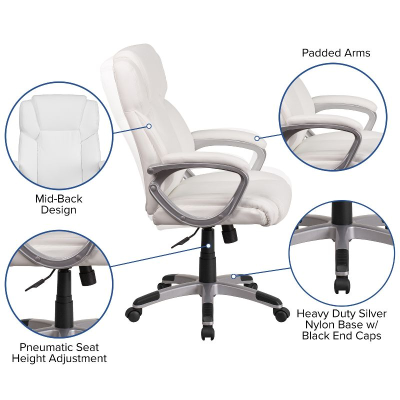 Flash Furniture Mid-Back White LeatherSoft Executive Swivel Office Chair with Padded Arms