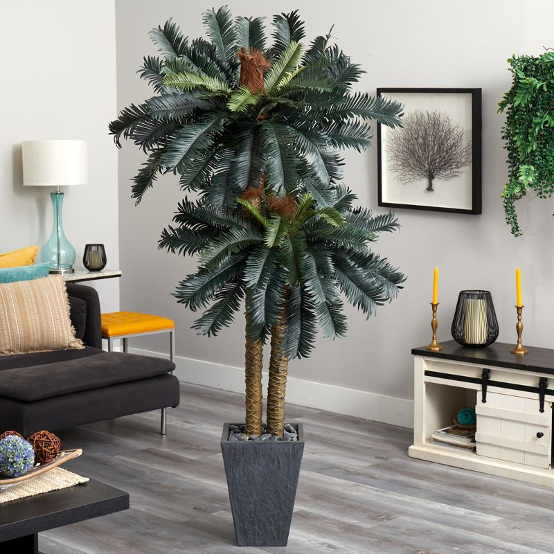 Nearly Natural 6-ft Double Sago Palm Artificial Tree Slate Finished Planter
