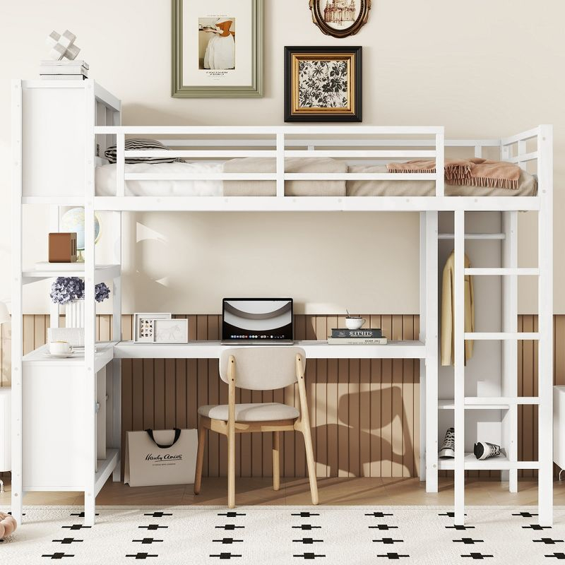 Full Size Metal Loft Bed with Wardrobe and L-Shaped Desk, Heavy-Duty Loft Bed with Storage Cubes and Shelves, White - ModernLuxe
