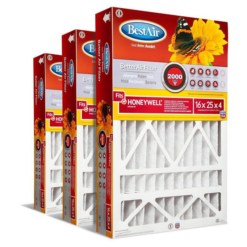 BestAir 3pk Honeywell 16X25X4 Replacement Air Furnace Filter Merv 11: Electrostatic, Captures Dust & Pollen, MERV 11