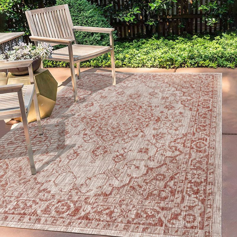 4'x6' Rozetta Boho Medallion Textured Weave Indoor/Outdoor Area Rug, Red/Taupe - JONATHAN Y