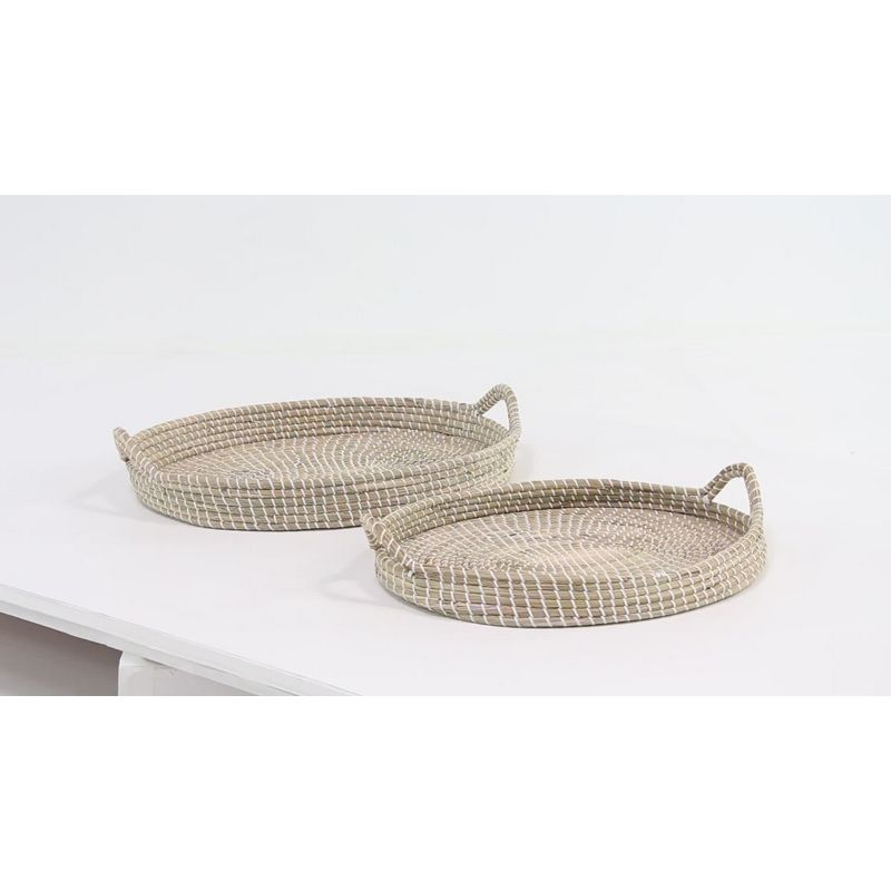 Set of 2 Oval Natural Seagrass Trays with Handles White/Brown - Olivia & May: Bohemian Woven Basket, Indoor Decor