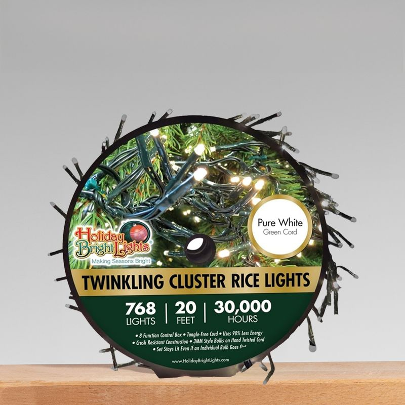 Holiday Bright Lights Twinkling Cluster LED Rice Light Reel, 20 Foot Long 768 Lights for Indoor/Outdoor Christmas Decoration, Pure White