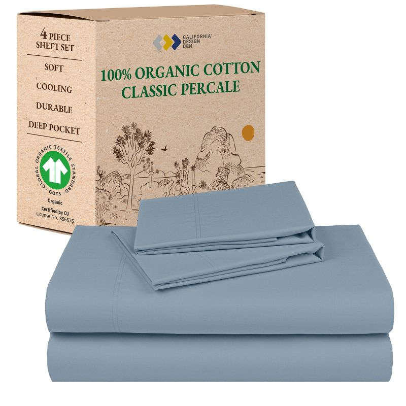 Queen Sheets Set, 100% Organic Cotton Percale, Blue Hydrangea Bed Sheets by California Design Den