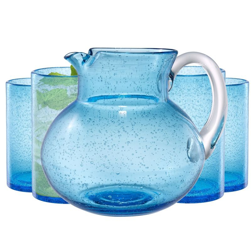 Artland Iris 90oz Hand Blown Pitcher & Set of 4 17oz Highball Glasses, Unique Bubble Design, Lead-Free Glass for Serving Beverages - Turquoise