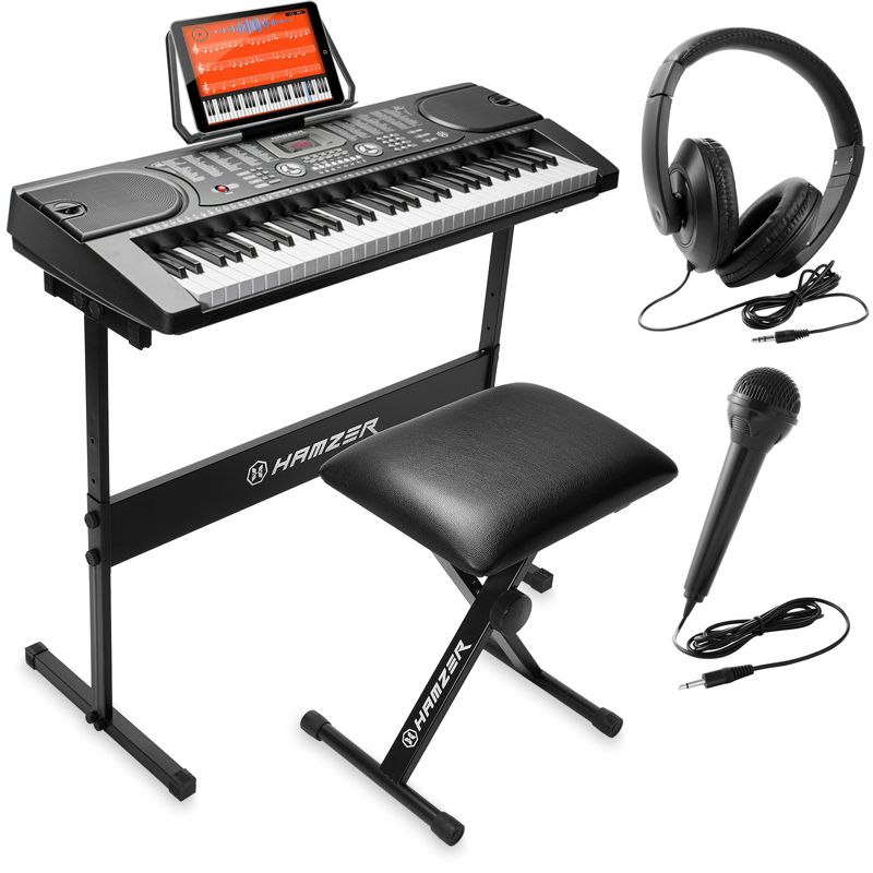 Hamzer 61 Key Keyboard Piano w/ Stand, Bench, Headphones, & Microphone - Set for Beginners