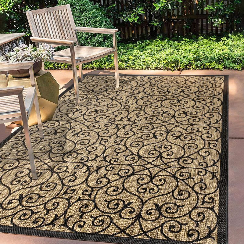 4'x6' Madrid Vintage Filigree Textured Weave Indoor/Outdoor Area Rug, Black/Khaki - JONATHAN Y