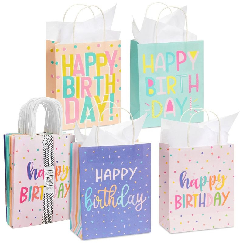 Sparkle and Bash 24 Pack 8 x 10 x 4 Inch Happy Birthday Gift Bags with Handles and 24 Sheets White Tissue Paper, 4 Pastel Colors