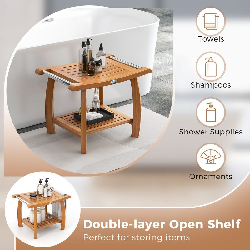 Tangkula Teak Wood Shower Bench 2-Tier Wooden Shower Stool w/ Curved Seat Handles Small