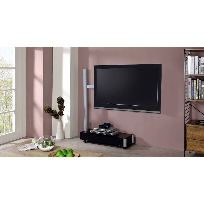 Proman Products Symphony TV Stand for TVs up to 75" Silver/Black: Mid-Century Modern, Metal Frame, Casters/Wheels, Drawer Storage