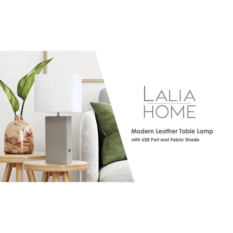 Lalia Home 21" Lexington Leather Base Modern Home Decor Bedside Table Lamp with USB Charging Port and Fabric Shade Black/White: UL Listed