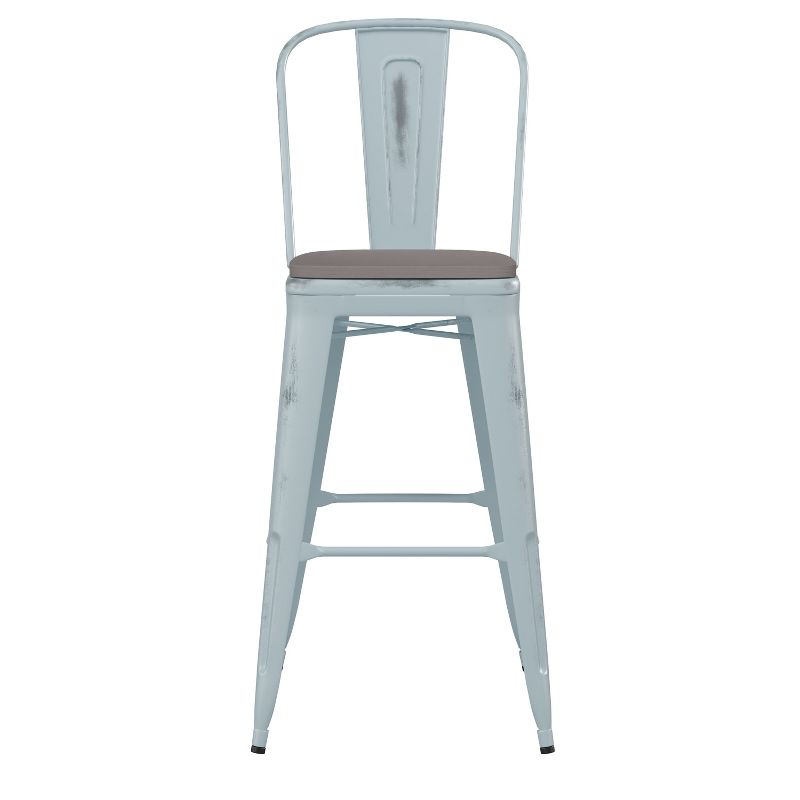Flash Furniture Carly Commercial Grade 30" High Green-Blue Metal Indoor-Outdoor Barstool with Back with Gray Poly Resin Wood Seat