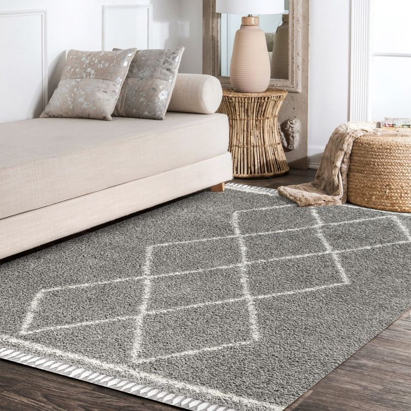4'x6' Mercer Shag Plush Tassel Moroccan Geometric Trellis Area Rug, Grey/Cream - JONATHAN Y