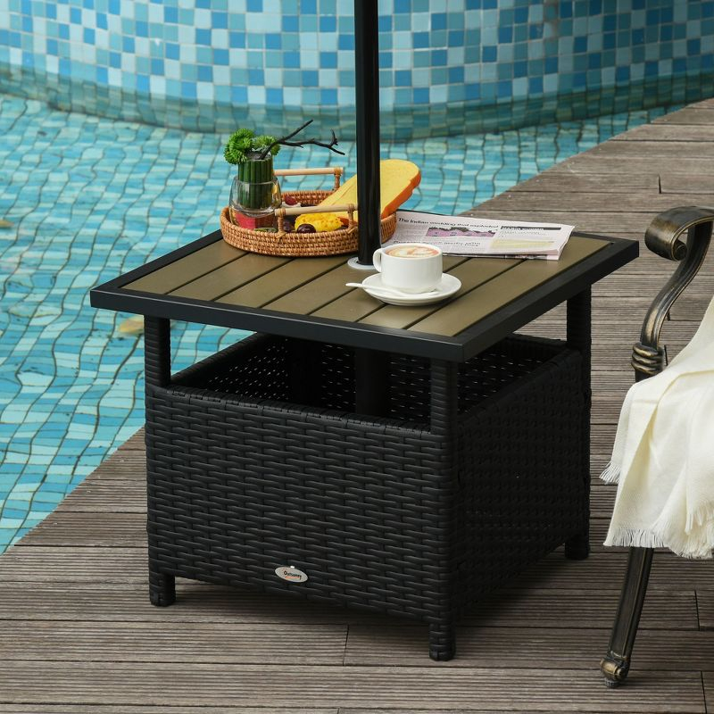 Outsunny 22'' Rattan Wicker Side Table with Steel Frame, Umbrella Insert Hole, Sand Bag for Outdoor, Patio, Garden, Backyard, Black & Tan