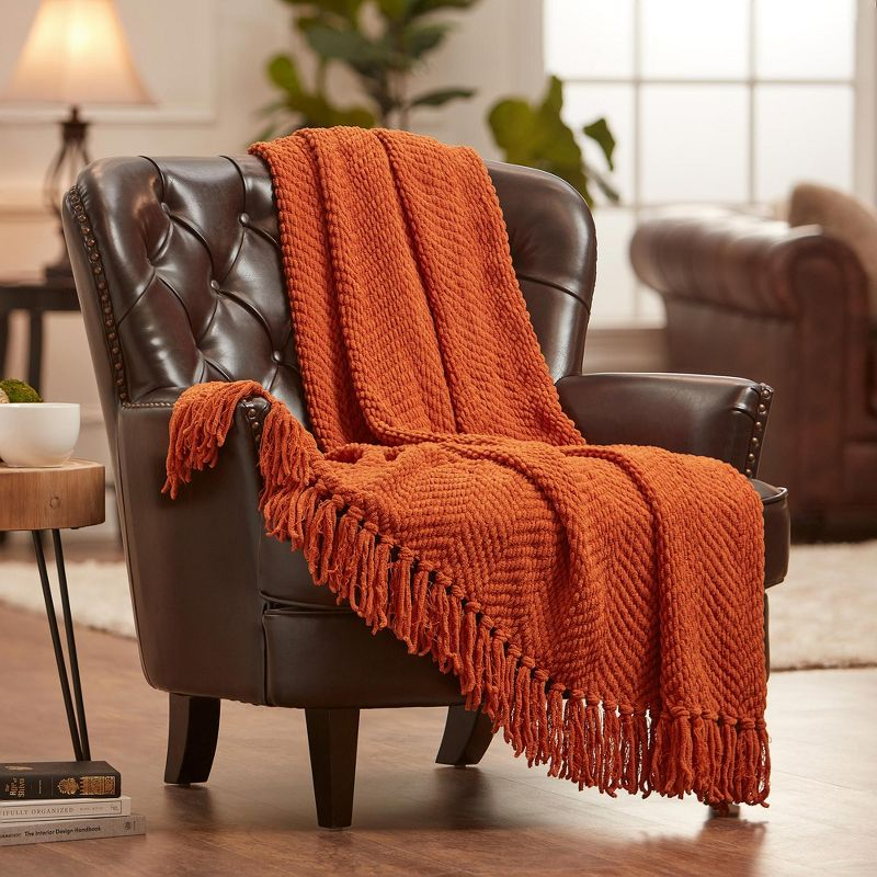 Chanasya Textured Knit Throw Blanket with Tassels - 60" x 70” - Orange