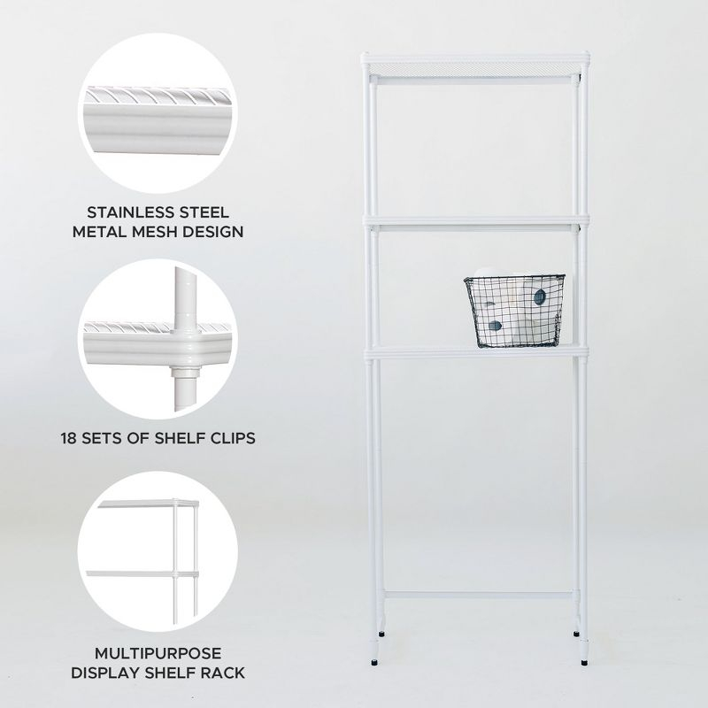 Design Ideas MeshWorks 3 Tier Full Size Metal Tower Bathroom Storage Shelving Unit Rack for Over the Toilet Organization, 26" x 9.8" x 70.3", White
