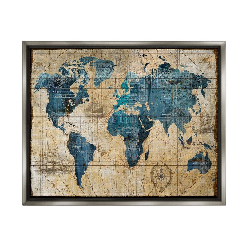 Stupell Industries Vintage Abstract World Map Design Gray Floater Framed Canvas Wall Art, 16 x 20