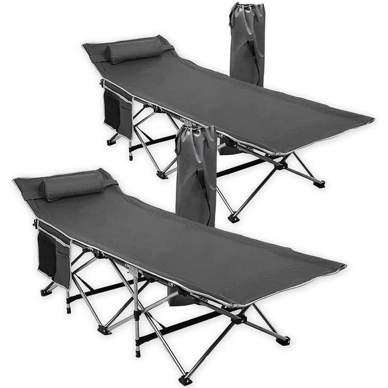 Zone Tech Folding Outdoor Travel Cot - 2 Pack Grey Portable Heavy Duty Adult and Kids Travel Cot with Large Pocket-Perfect for Hiking, Camping