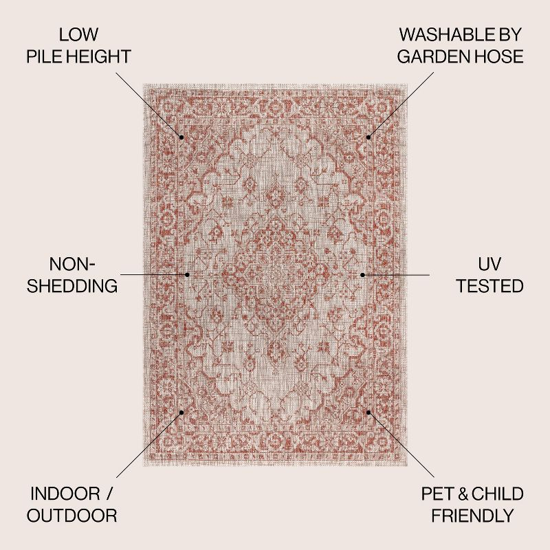 5' Square Rozetta Boho Medallion Textured Weave Indoor/Outdoor Area Rug, Red/Taupe - JONATHAN Y