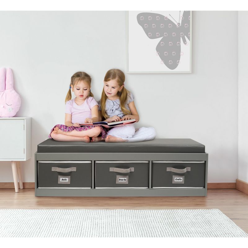 Badger Basket Kid's Storage Bench with Cushion and Three Bins - Gray