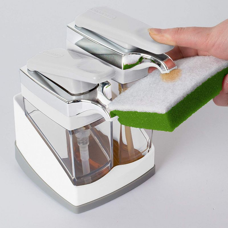 Casabella Sink Sider Duo Soap Dispensers with Sponge, for Dish & Hand Soap, Chrome Plating, White