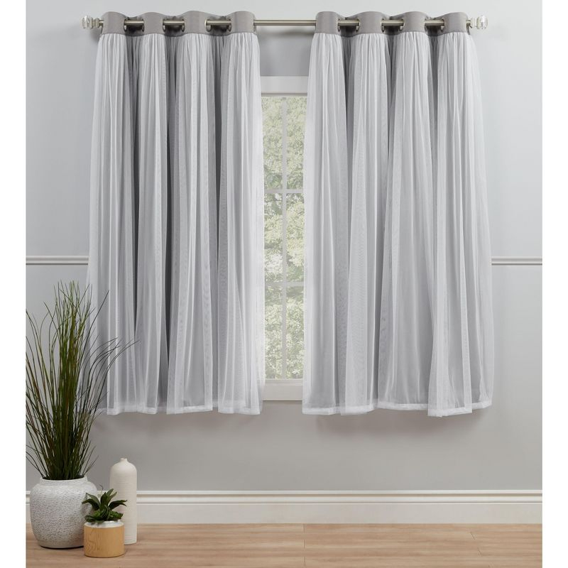 Exclusive Home Catarina Layered Solid Room Darkening Blackout and Sheer Grommet Top Curtain Panel Pair, 52"x63", Soft Grey