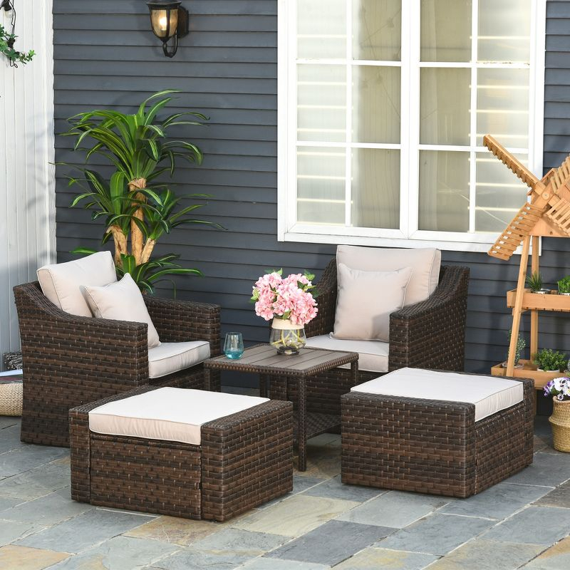 Outsunny 5 Piece Patio Furniture Set, All Weather PE Rattan Conversation Chair & Ottoman Set w/ Table, Cushions & Pillows Included, Beige