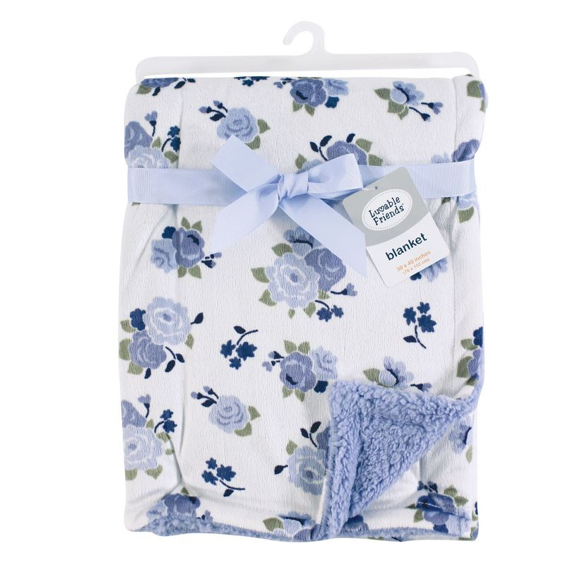 Luvable Friends Baby Girl Plush Blanket with Faux Shearling Back, Blue Floral, One Size