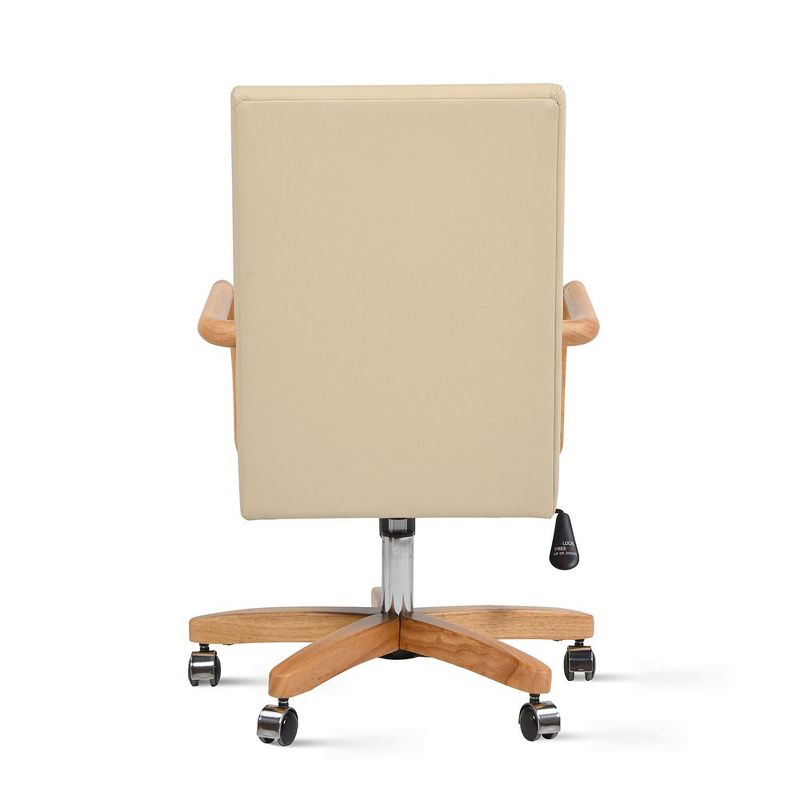 Dumont Modern Farmhouse High Back Executive Home Office Chair, Neutral Cream Beige Leather & Natural Wood