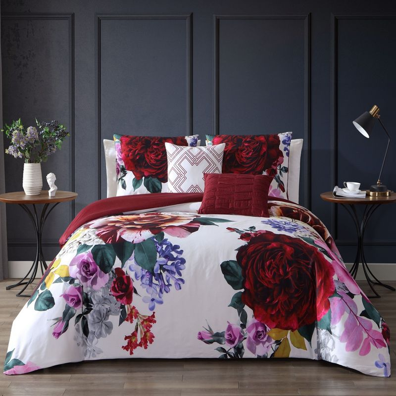 BeBeJan Bebejan Magenta Floral 100% Cotton Sateen 5 Piece Reversible Comforter Set