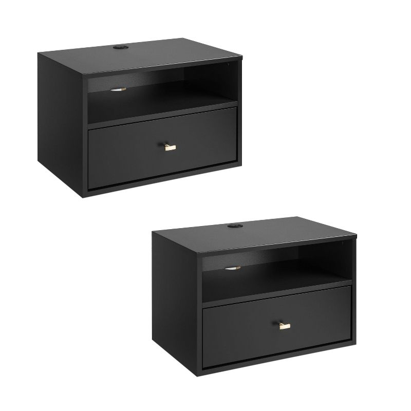 Floating 1 Drawer Nightstand with Open Shelf Black - Prepac: Modern Wall-Mounted Design, Cable Management, Laminated Surface