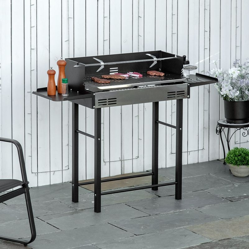 Outsunny BBQ Rotisserie Grill Roaster for Chicken or Turkey with 3-Level Grill Grate, Foldable Storage Shelves, and Wind Deflector, Stainless Steel