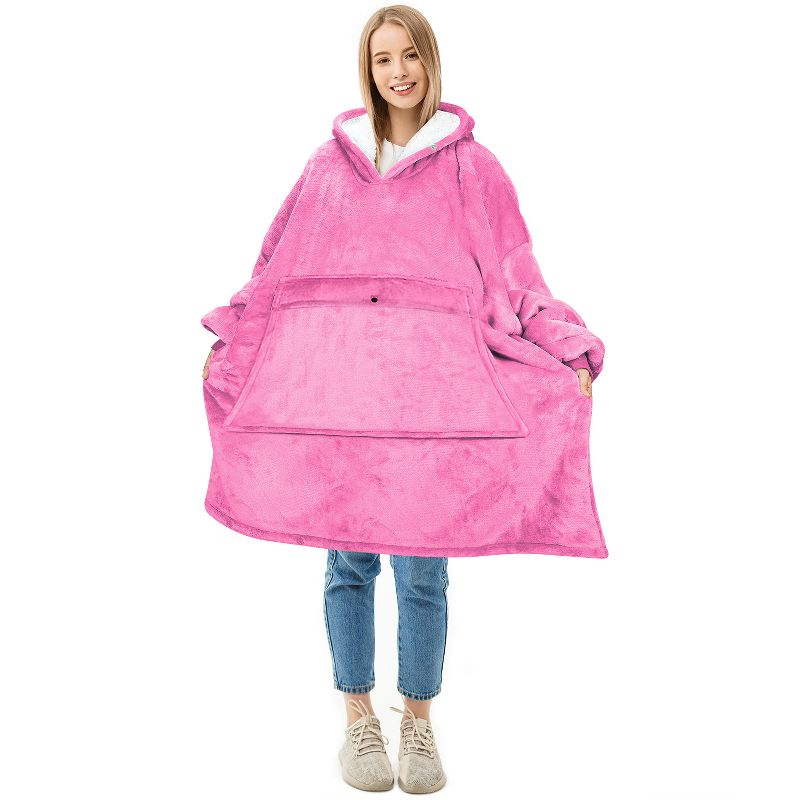 Solaris Women Flannel Blanket Hoodie Oversized Sweatshirt, Wearable Fleece Blanket Woman, Christmas Gift for Her, Hot Pink