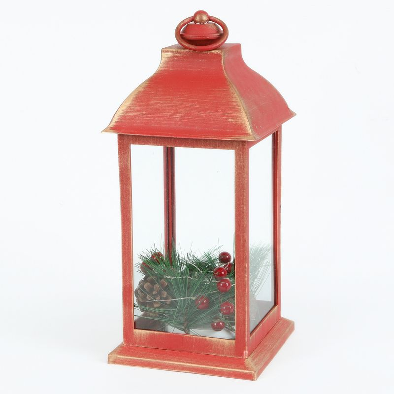 LuxenHome Lighted Berry and Pinecone Rustic Red Lantern Holiday Decoration, Tabletop and Centerpiece, Battery-Operated