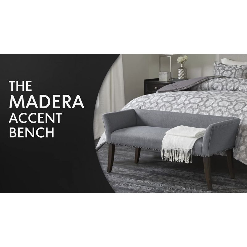 Madera Accent Bench Taupe: Madison Park, Rectangle, Nailhead Trim, Polyester Upholstery, Wood Legs