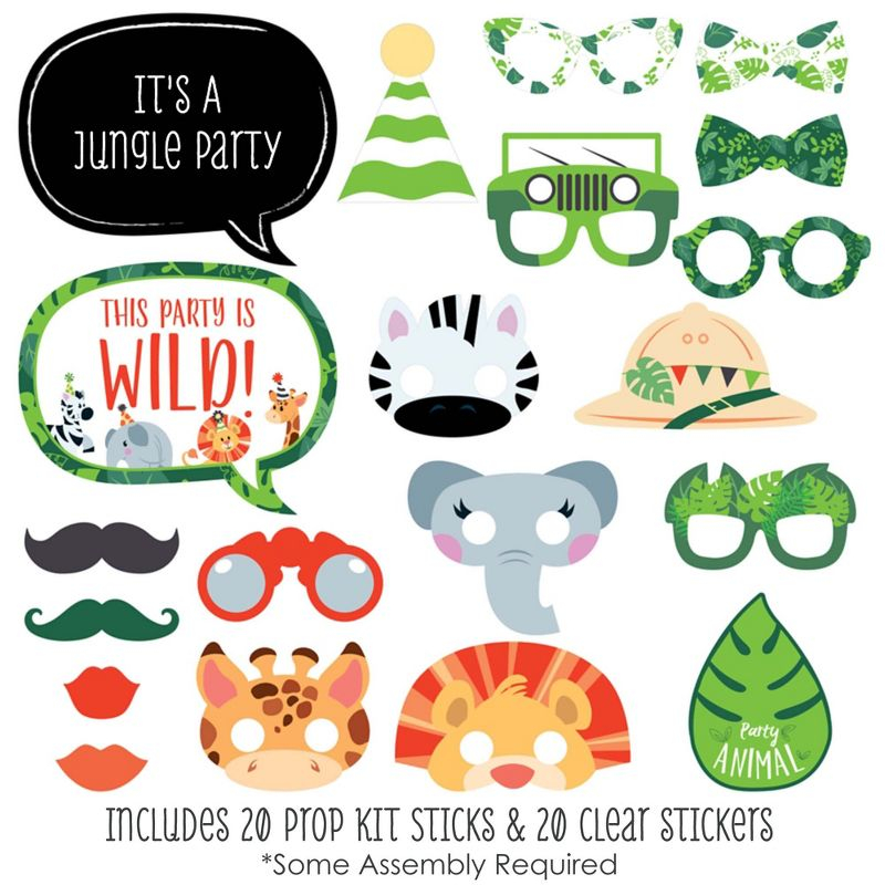 Big Dot of Happiness Jungle Party Animals - Safari Zoo Animal Birthday Party or Baby Shower Photo Booth Props Kit - 20 Count