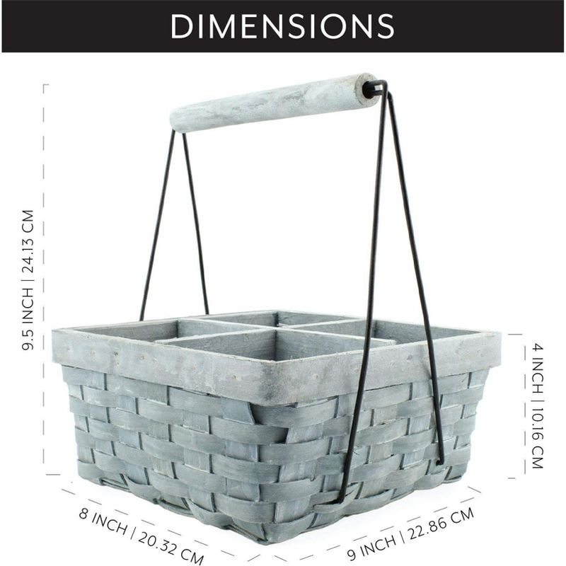 AuldHome Design Gray Wood Basket Caddy, 4-Compartment Carry-All Divided Organizer
