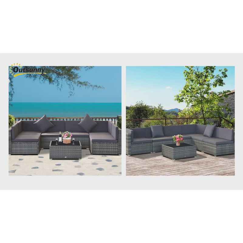 Outsunny 7 Piece Outdoor Patio Furniture Set, PE Rattan Wicker Sectional Sofa Set with Couch Cushions, Pillows, Coffee Table, Beige